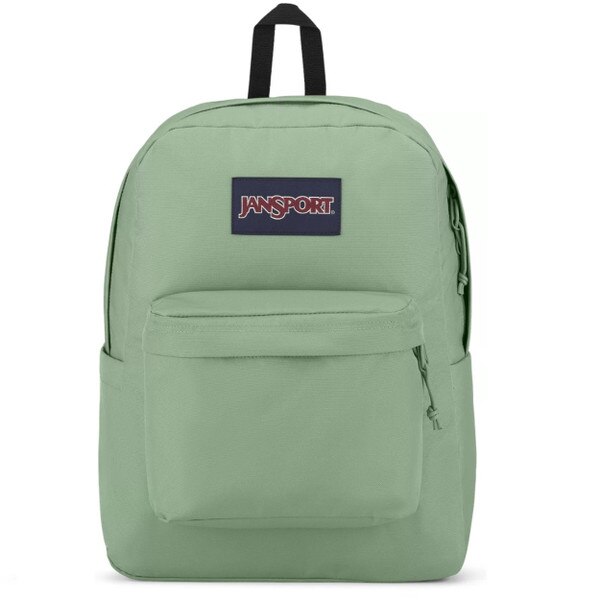 A light green Jansport backpack with one large zipper pocket at top, and one smaller zipper pocket at front of backpack. A rectangle is sewed in the middle of backpack with the Jansport logo.